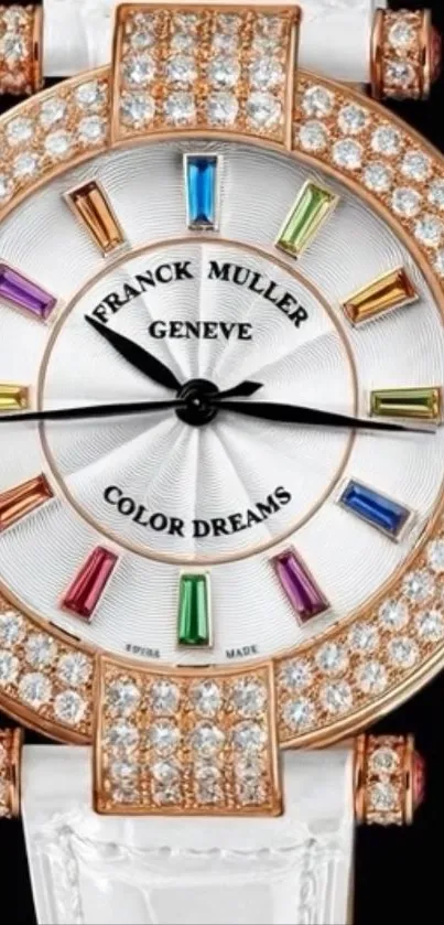 A luxurious watch with colorful gems.