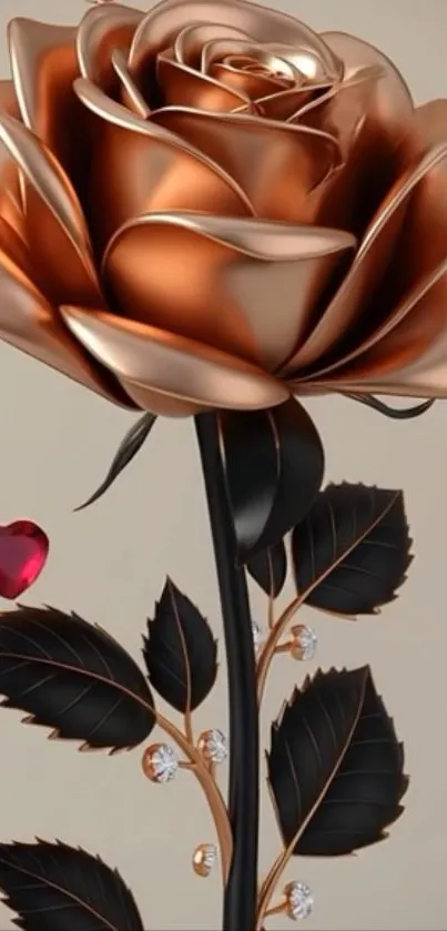 Copper rose with black leaves and decorative heart.