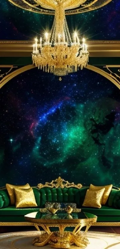 Luxurious room with galaxy backdrop and chandelier.