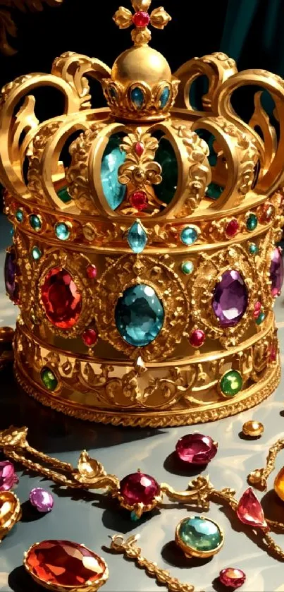 Golden crown with colorful jewels on display.