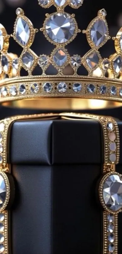 Golden crown with gems on black gift box wallpaper.