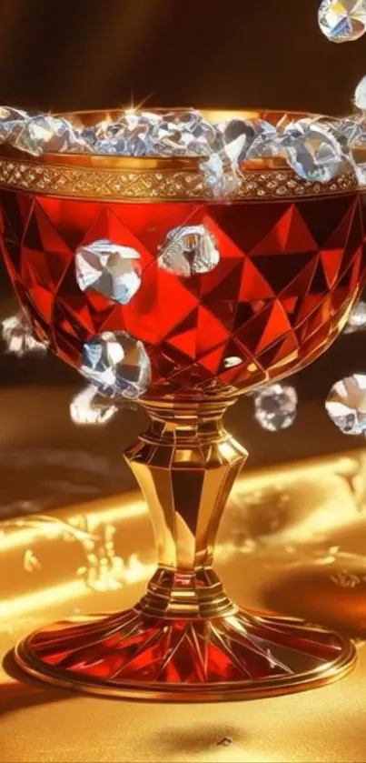 Luxurious crystal chalice with diamonds on golden background.