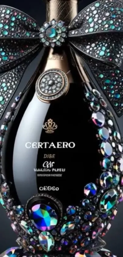 Luxurious jeweled bottle with sparkles on a dark background.