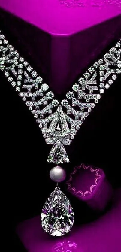 Luxurious diamond necklace on purple background wallpaper.