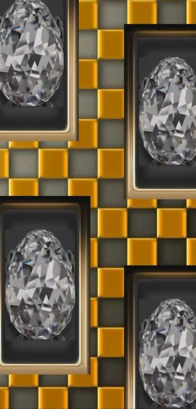 Diamond pattern wallpaper with gold checkered accents.