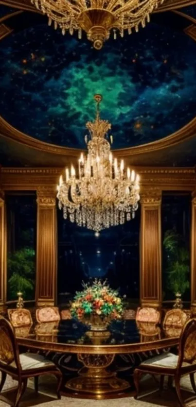 Luxurious dining room with chandelier and starry sky ceiling.