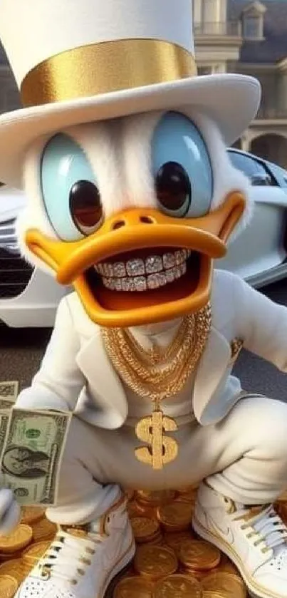 Luxurious cartoon duck with gold chains and car background.