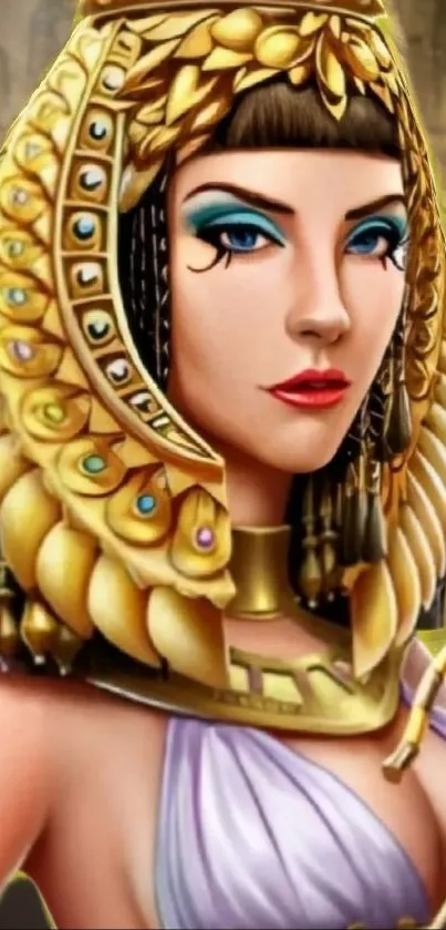 Elegant Egyptian queen artwork with golden headdress and intricate details.