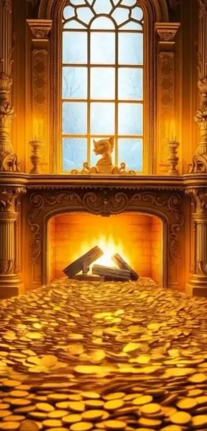 Opulent palace room with a glowing fireplace and golden coins.