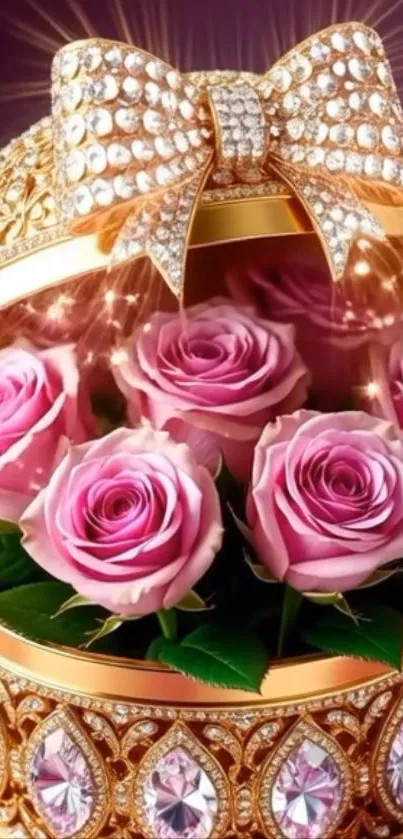Luxurious golden gift box with pink roses.