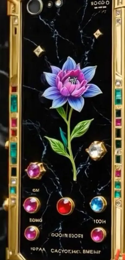 Luxury phone with floral design and gemstones.