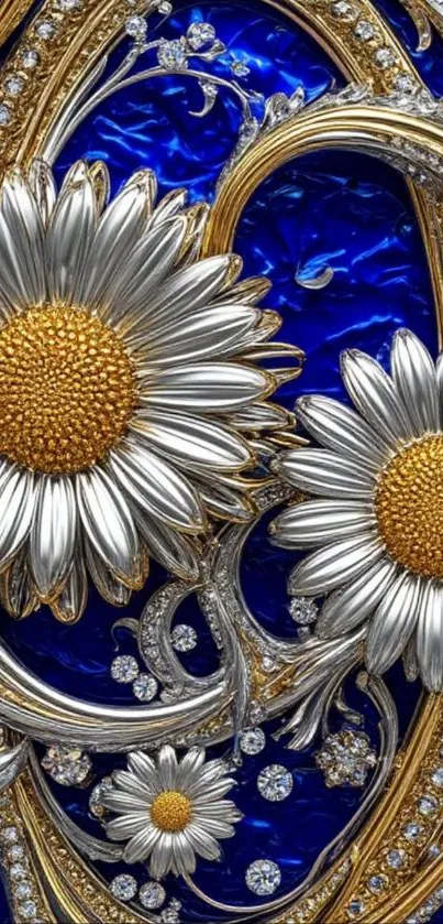 Intricate floral wallpaper with gold and silver daisies on blue background.