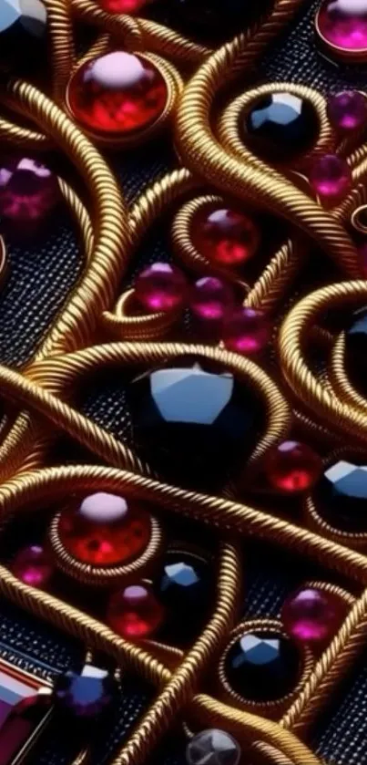 Intricate wallpaper with gold threads and colorful gemstones.