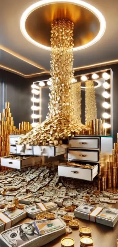 Luxurious setting with gold cascade and cash overflow.