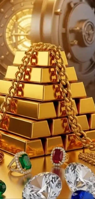 Gold bars and gems in a vault create a luxurious mobile wallpaper.