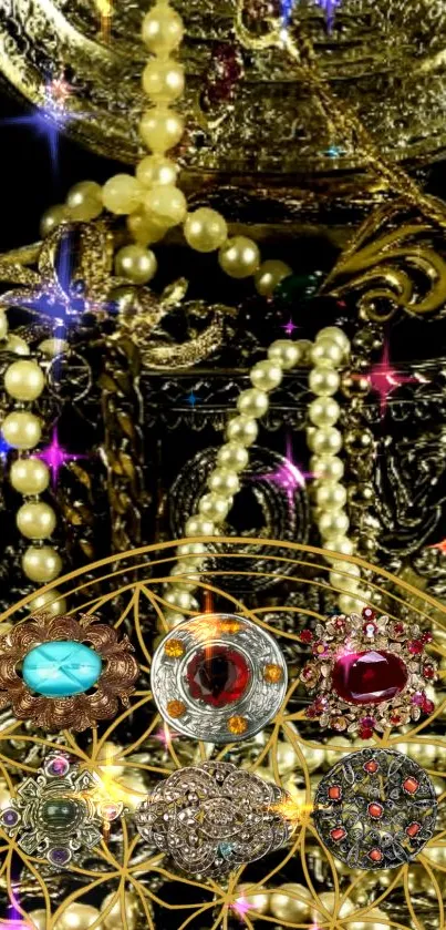 Luxurious gold and pearl jewelry on ornate black background.