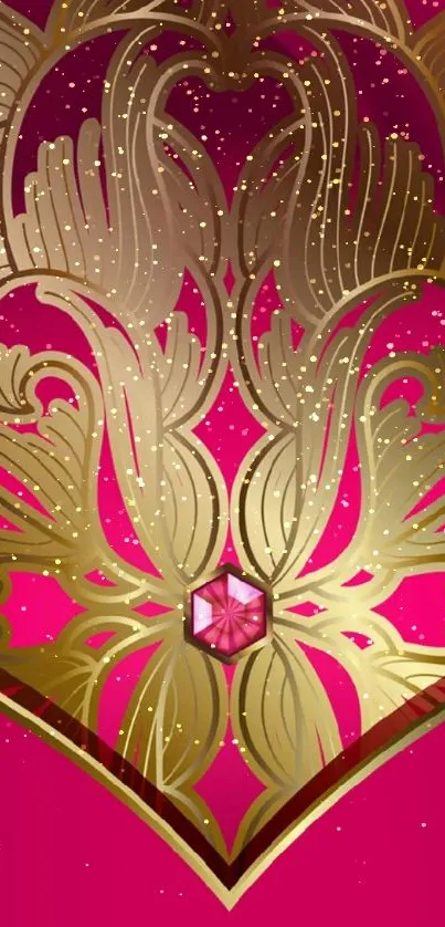 Luxurious gold and pink wallpaper with art deco design.