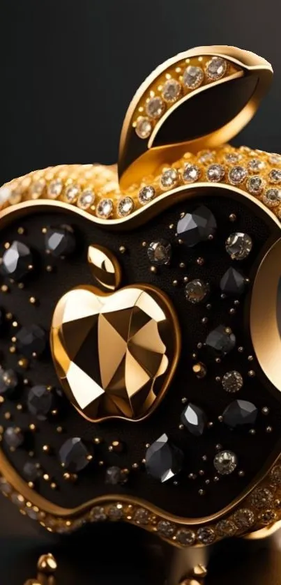 Luxurious gold apple with crystal details wallpaper design.