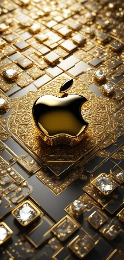 Luxurious gold Apple logo wallpaper with intricate design details.