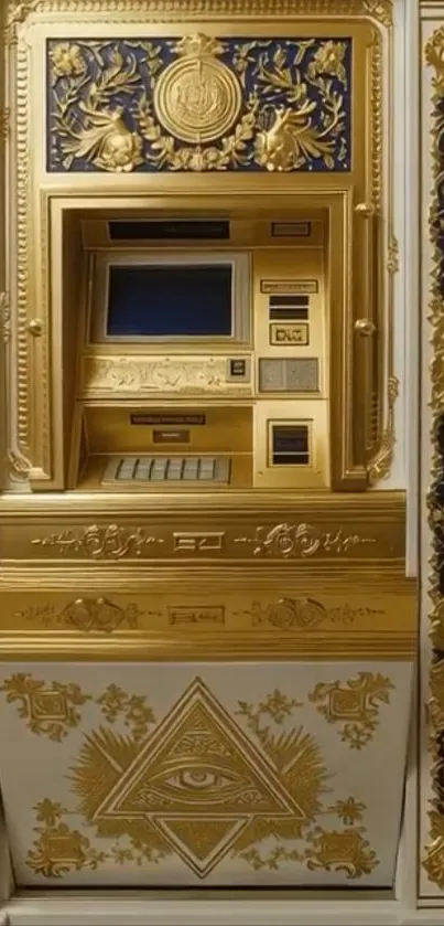 Ornate gold ATM with intricate design.