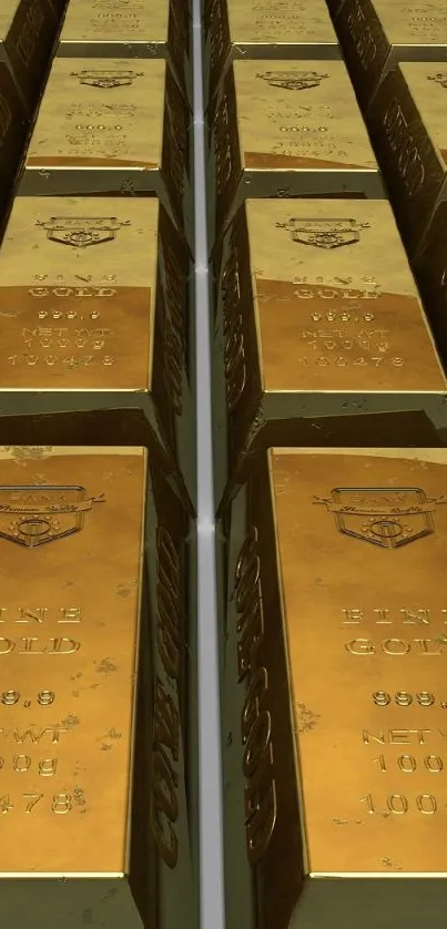 Luxurious gold bars stacked neatly in rows, shining brightly.