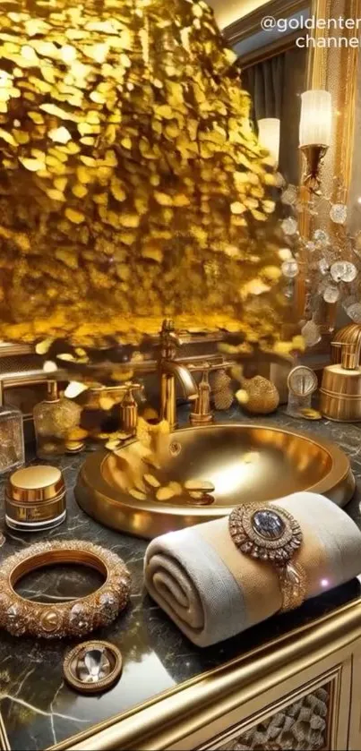 Luxurious gold-themed bathroom decor with elegant details.