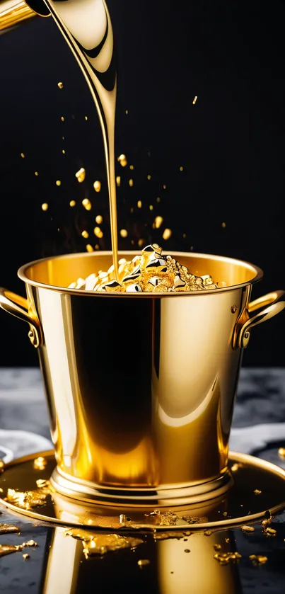 Luxurious gold bucket with splashes on dark background.