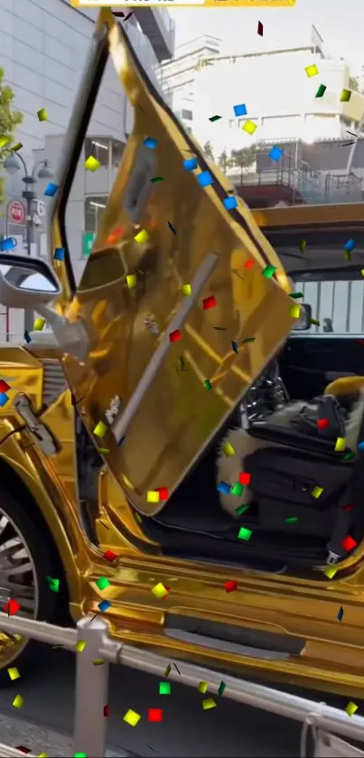 Luxurious gold car with vibrant confetti design.