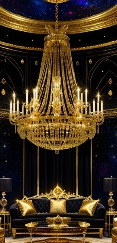 Luxurious gold chandelier with elegant decor in dark themed interior.