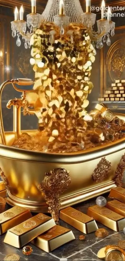 Golden bathtub overflowing with coins.