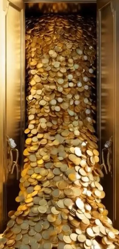 Gold coins cascading from luxurious doors.