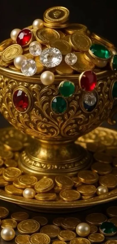 Chalice overflowing with gold coins and jewels.