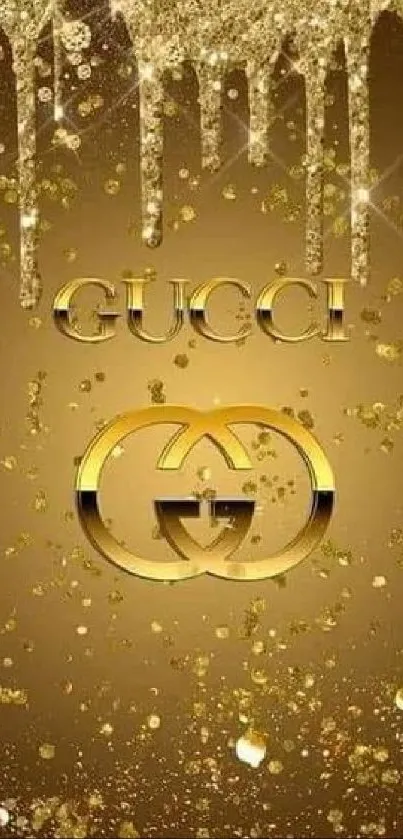 Luxurious gold drip mobile wallpaper with sparkles and a stylish logo.