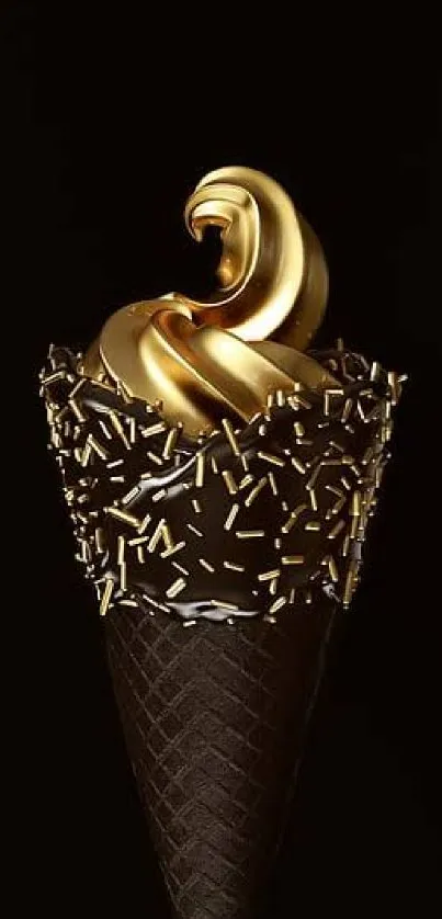 Luxurious gold ice cream cone on black background.