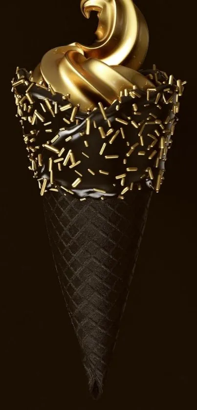 Luxurious gold and chocolate ice cream cone on a dark background.