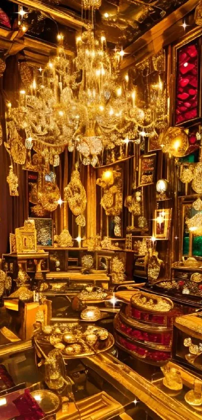 Luxurious interior with gold decor and chandeliers in a vibrant setting.