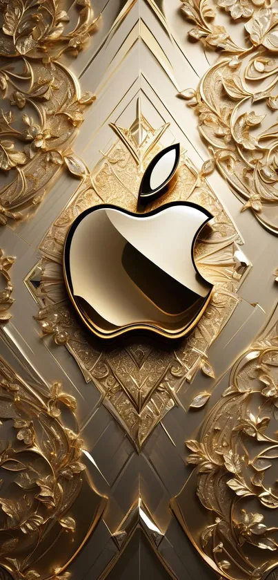 Luxurious gold wallpaper with Apple logo and floral design.