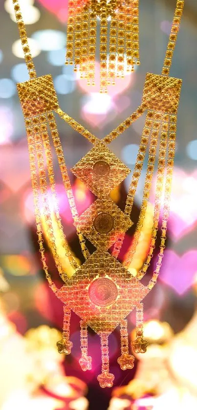 Luxurious gold jewelry with intricate design on display.