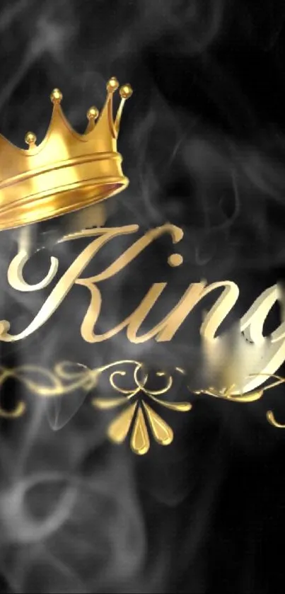 Gold 'King' script with crown on a smoky black background mobile wallpaper.