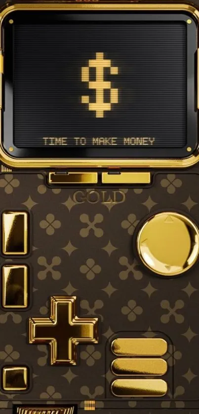 Gold-themed retro game console wallpaper with dollar symbol.