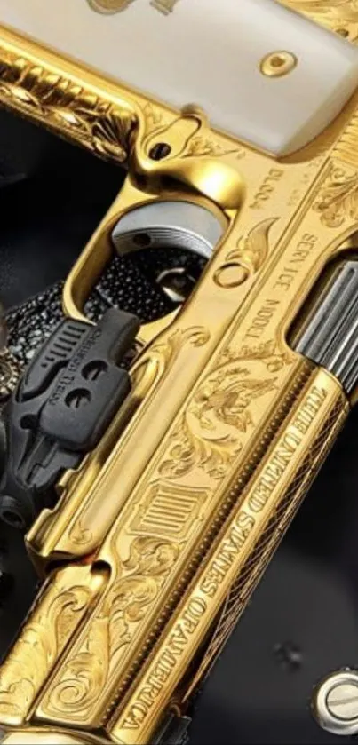 Luxurious gold pistol with intricate details on dark background.