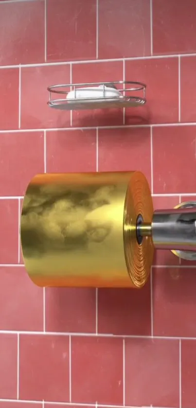 Gold toilet roll against red tile wall, luxury art wallpaper.