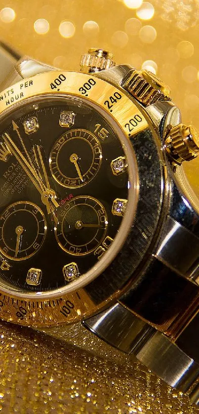 Elegant gold watch on glittering background.