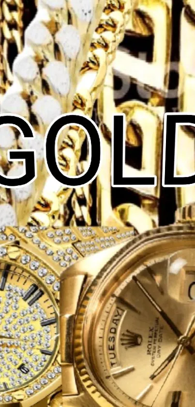 Luxurious gold watch and chain mobile wallpaper for sophisticated style.