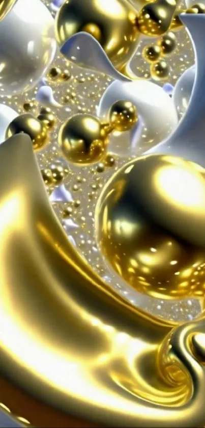 Luxurious golden abstract art with metallic spheres.