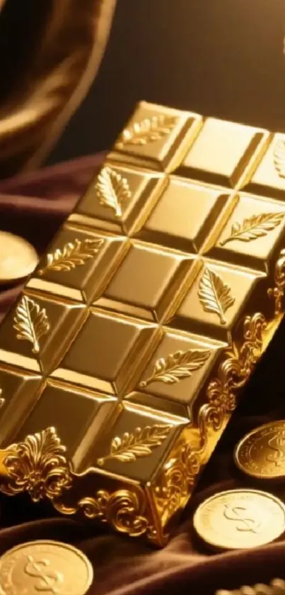 Luxurious gold bar with intricate design surrounded by coins.
