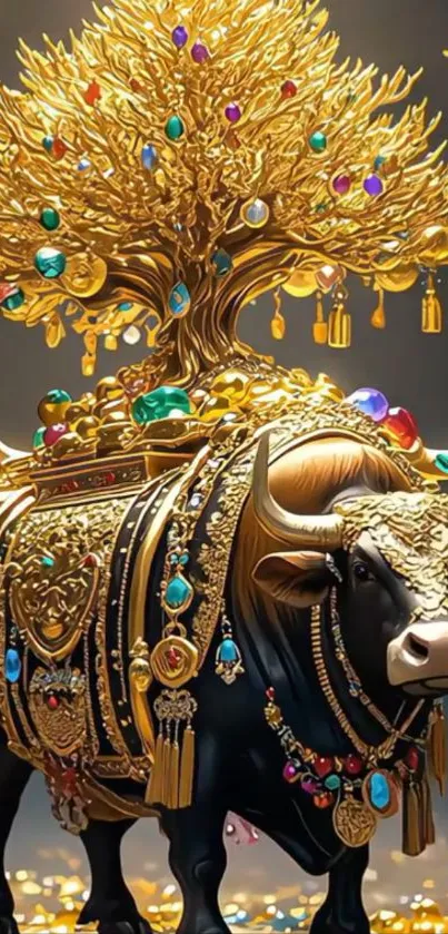 Luxurious golden bull adorned with jewels and golden tree.