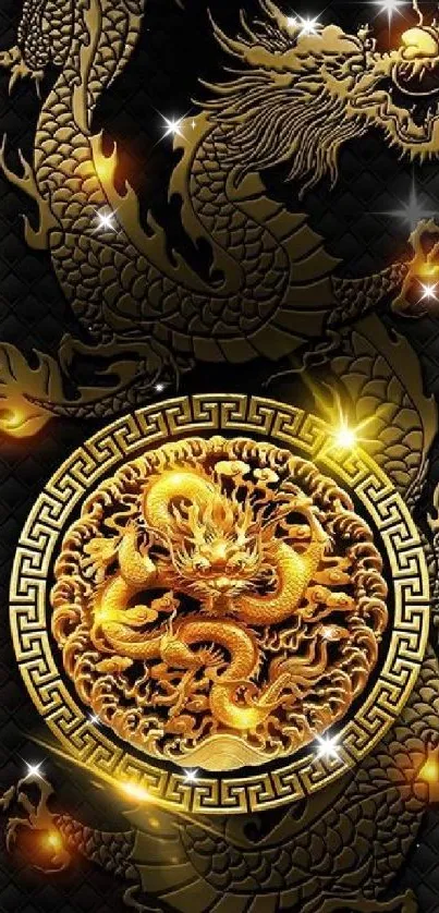 Luxurious golden dragon design on a black wallpaper.