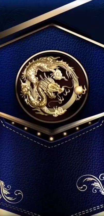 Luxurious golden dragon on dark blue leather mobile wallpaper.