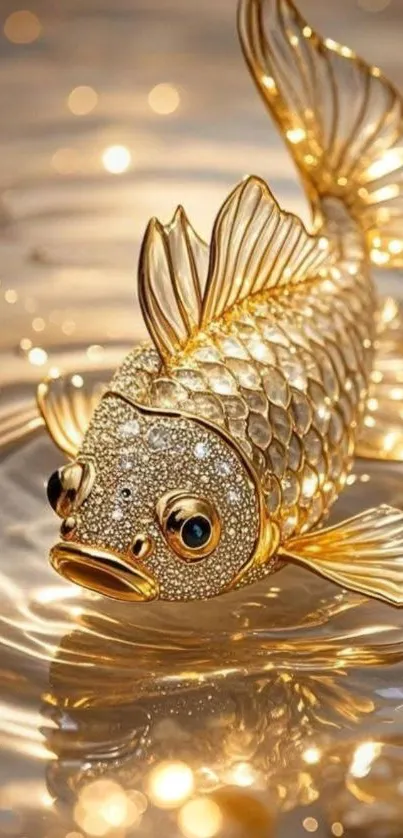 Luxurious golden fish with sparkling details in elegant wallpaper.